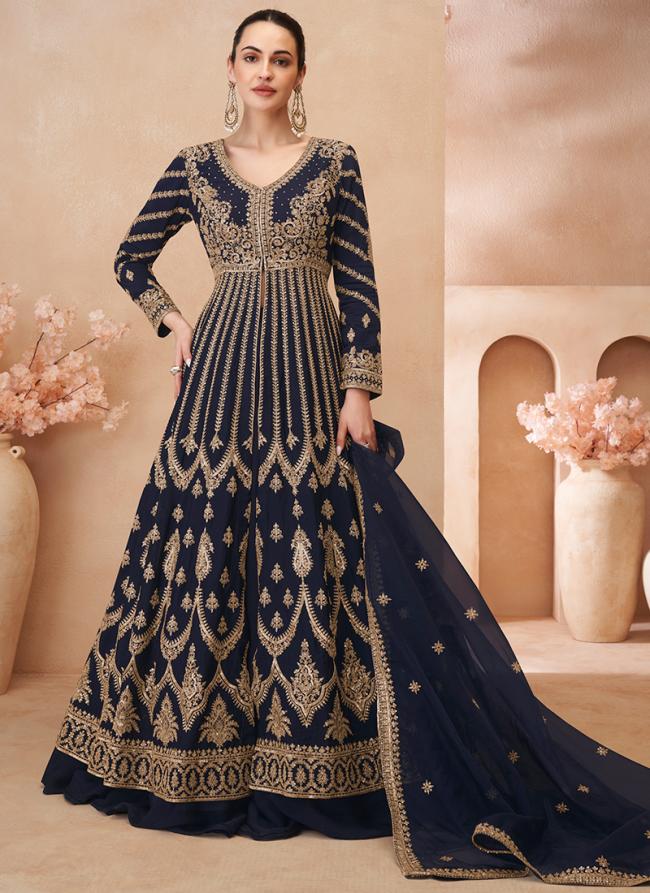 Chinnon Silk Navy Blue Bridal Wear Embroidery Work Readymade Anarkali Suit